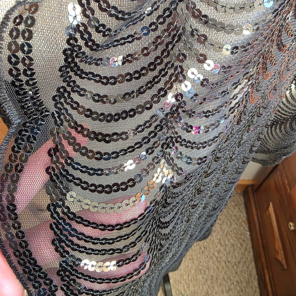 Cejon Black Sequin Mesh Evening Shawl Wrap Scalloped Edge Formal Wedding O/S - Picture 2 of 4